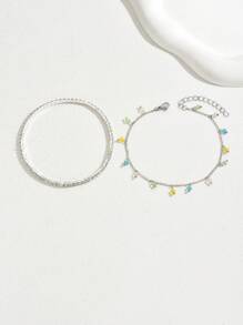 2pcs Fashion Elegant Romantic Ladylike Style Silver Rhinestone Plastic Elastic Anklet With Colorful Plastic Rhinestone Tassel Pendant, Adjustable Length Anklet Set For Women, Suitable For Beach, Holiday, Shopping - 彩色 - 查看 4