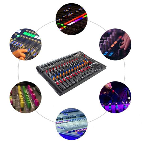 Audio Mixer 12 Kanal Studio Live Mischpult DJ Professionelle Stereo Sound Mischkonsole Eingang 48 V Phantomspeisung Bluetooth USB Digital Audio Mixer Verstärker