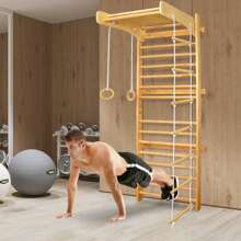 VA-Cerulean Muro de escalada de madera, 215 x 82 x 6 cm, columpio con barra, anillas de gimnasia, tobogán, escalera de cuerda, espaldera, muro de gimnasia para fitness en interiores, equipamiento deportivo en casa de hasta 100 kg