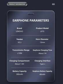 Lenovo LP75 Bluetooth Earphones, Hanging Ear Style With Digital Display, Ultra-Long Battery Life 5.3H, HIFI Sound, Low Latency, Music, Gaming, Running, Waterproof, Microphone, Wireless Headphones