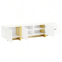 MERAX Luxury Fluted TV Stand For TVs Up To 80'', Modern Entertainment Center With Storage Cabinets & Drawers, Smooth Media Console With Golden Wood Grain Legs For Living Room - 白色 - 查看 10