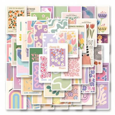 50 张美学 INS 风格装饰贴纸，可爱卡通涂鸦防水乙烯基贴纸，适用于水瓶、笔记本电脑、手机、滑板、吉他、行李箱、剪贴簿、头盔，适合儿童、青少年和成人派对装饰礼物