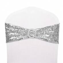 100pcs Spandex Chair Sashes Sequin Stretch Chair Ties Bows With Buckle Slider For Wedding Party Banquet - Silver - View 2