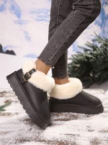 女式厚毛绒衬里雪地靴，带毛绒领口，及踝高，厚底，增高，修身外观，2024 年秋冬
