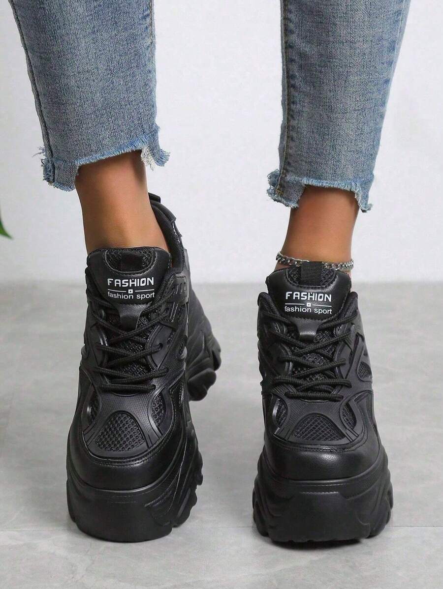 Tenis Chunky De Plataforma Para Mujer, Sneakers Urbanos Versátiles Que Combinan Con Todo, Calzado Ligero Y Transpirable Con Aumento De Altura - Negro - Ver 1