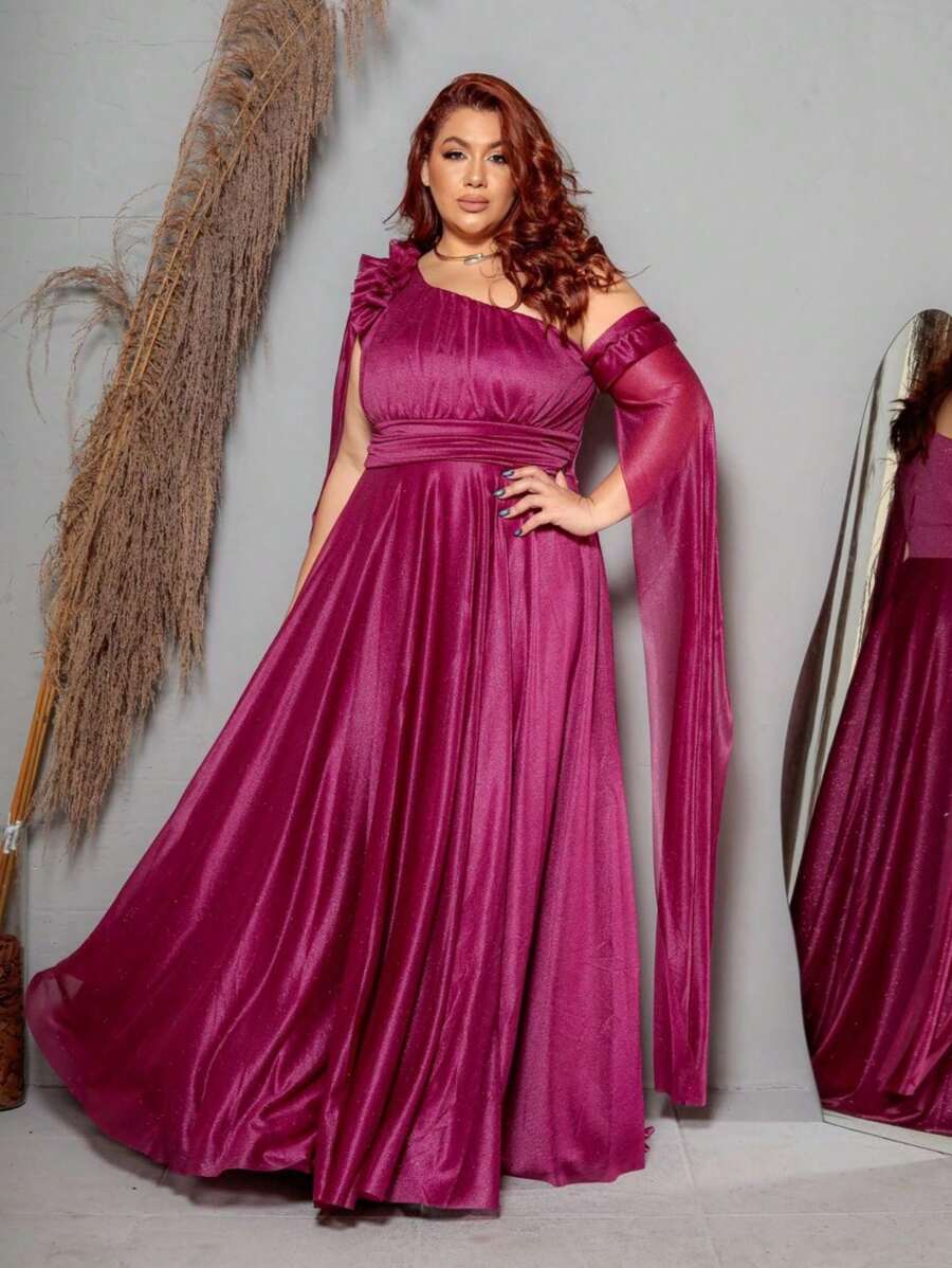 LONG BRIDE PARTY DRESS GRADUATES TULE WITH SHINE PLUS SIZE - 玫瑰紅 - 查看 1