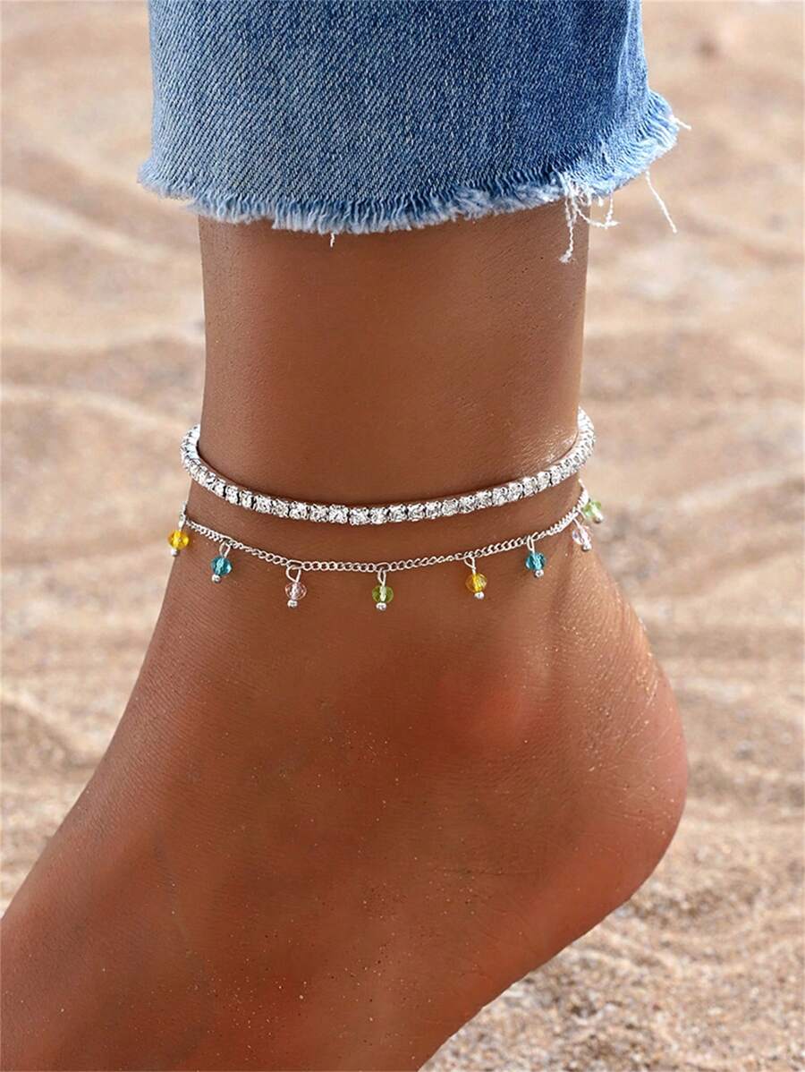 2pcs Fashion Elegant Romantic Ladylike Style Silver Rhinestone Plastic Elastic Anklet With Colorful Plastic Rhinestone Tassel Pendant, Adjustable Length Anklet Set For Women, Suitable For Beach, Holiday, Shopping - 彩色 - 查看 1