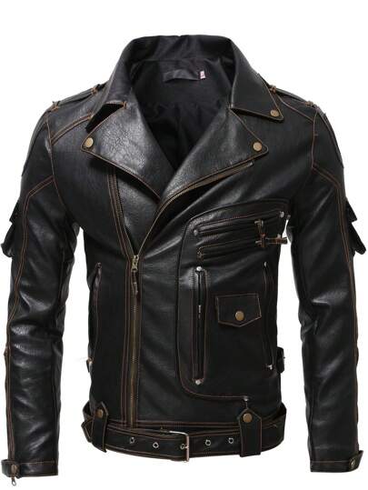 中世纪服装 男士复古朋克摩托车夹克 PU 皮革外套