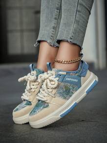 Unique Forest Oil Painting Design Couples Comfy Round Toe Lace-Up Casual Skate Shoes - Milan - View 3