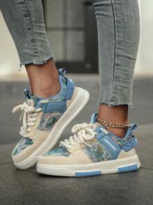 Unique Forest Oil Painting Design Couples Comfy Round Toe Lace-Up Casual Skate Shoes - Milan - View 9