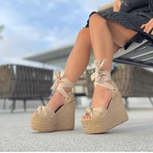 La Caprichosa Plataformas de yute con tiras amarrar, plataforma casual forrada yute, alpargatas yute altas, sandalias altas mujer - Beis - Ver 2