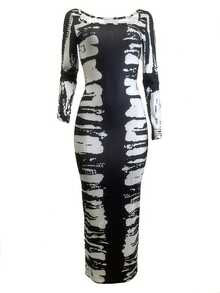 优雅长袖及踝扎染撞色低弹半透明修身印花连衣裙，女士春夏款，黑色 - 黑色 - 查看 5