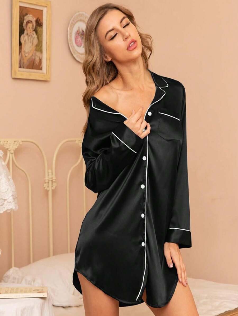 Chamise Women's Nightdress In American Premium Satin With Pocket And Button - màu đen - Xem 1