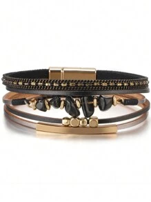 1 件欧美风格皮绳、天然石、铜管设计女士黑色手链、夏日海滩