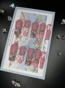 10pcs Extra Long Handemade Press On Nails For Party And Daily Wear, 3D Rhinwstones,Flowers,Bowknot,Kitty And Ballet Elements For Girls,Easy To Wear10pcs Y2K Extra Long Handmade Press On Nails,Shiny Atirficial Gems,Spring And Summer Style,Suitable For Girls And Women Festivals Parties And Daily Wear - Hồng - Xem 13