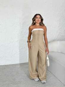 Women's Jumpsuit With Pockets Tailoring Tieback - 米色 - 查看 2
