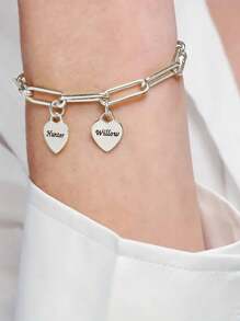 Custom Heart Pendant Bracelet Stainless Steel Jewelry Customized Multiple Names Charms Bracelets Fashion Personalized Silvery Paperclip Chain Bracelet Birthday Gift For Her Mom Girlfriend Valentines