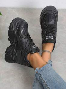 Tenis Chunky De Plataforma Para Mujer, Sneakers Urbanos Versátiles Que Combinan Con Todo, Calzado Ligero Y Transpirable Con Aumento De Altura - Negro - Ver 4