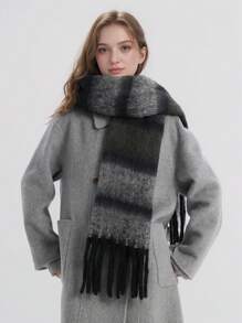 1 Khăn Polyester Sọc Thanh Lịch, Dày, Dài, Có Tua Rua, Mùa Đông - Sọc đen và xám - Xem 8