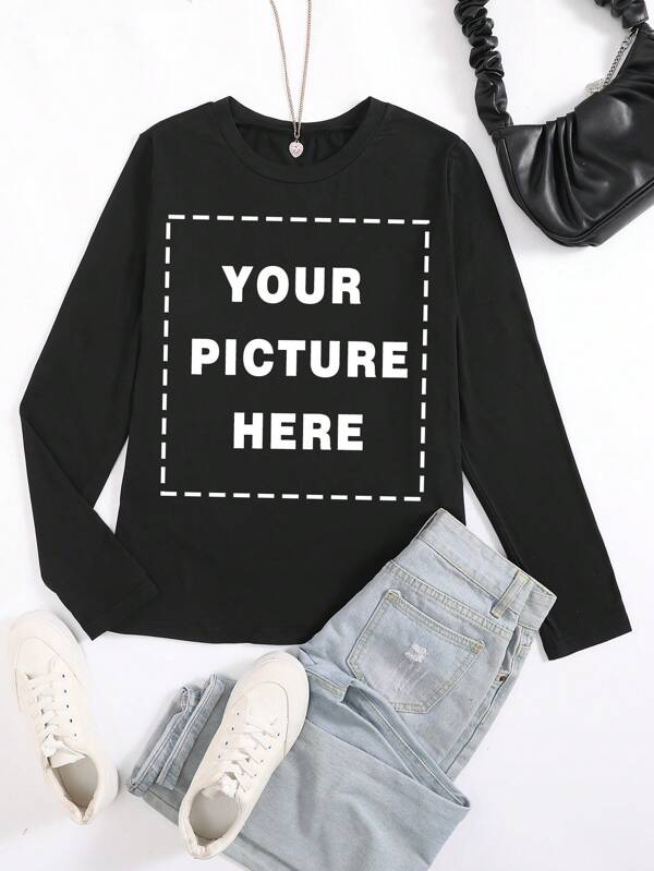 Parte superior de manga larga personalizada con foto, regalo personalizado de Acción de Gracias, Navidad, regalo personalizado de Navidad, camiseta de manga larga personalizada para mujer - Agrega tu propio texto e imágenes (fotos/selfies/fotos de grupo) para diseñar tu propia camiseta impresa personalizada