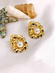 欧美时尚18k金珍珠耳环女士高档不对称防过敏不锈钢耳环 - 彩色 - 查看 10