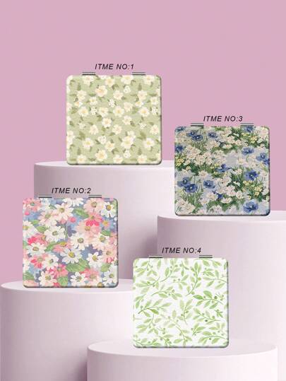Floral Folding Compact Makeup Mirror, Lightweight, Portable, Convenient For Touch-Ups, Quality Leather Protection, Tabletop Design, Suitable For All Occasions And People, Folding Square Shape For Easy Carrying, Classic Floral, Egg, Flower, And Animal Cute Patterns, Exquisite And Unique Design, Durable Folding Structure For Reliable Use, Easy To Hold And Carry,Giveaways,Travel,Cheap Stuff,Travel Essential