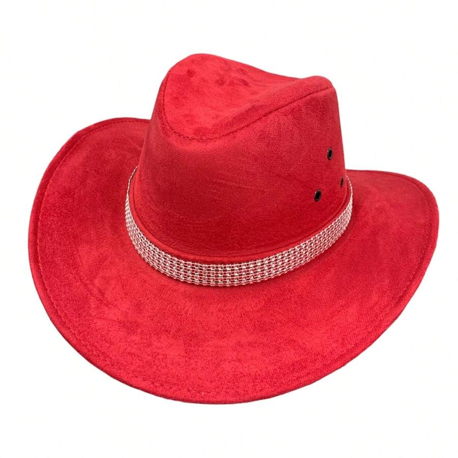 Customized Suede Cowboy Hat With Glitter Stripe - Red - View 1