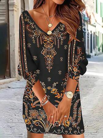 Novo Vestido Fashionista Elegante e Versátil de Corte Slim para Mulheres, Estilo Primavera/Verão, Leve, para Uso Externo, Viagem, Trabalho, Casa, Estampa Paisley Vintage Estilo Boêmio Deusa, Manga Longa