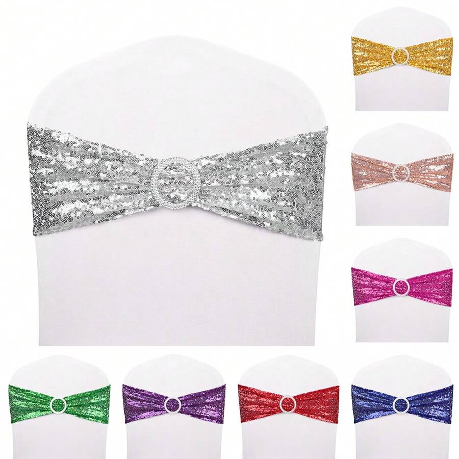 100pcs Spandex Chair Sashes Sequin Stretch Chair Ties Bows With Buckle Slider For Wedding Party Banquet - Silver - View 1