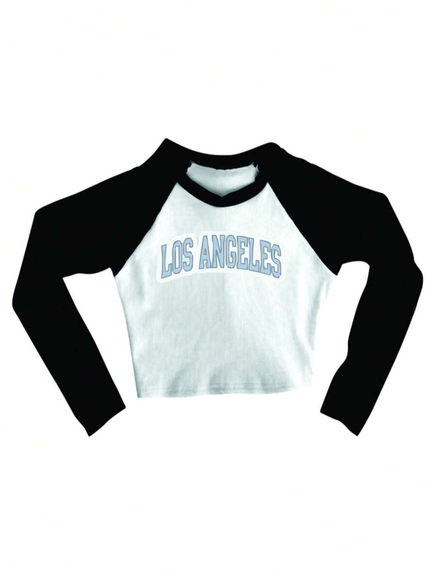 Cropped Raglan Winter Feminine Tumblr Blogger Los Angeles Feminine Long Sleeve - 黑與白 - 查看 1