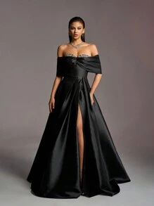 Faeriesty Rhinestone Decorated Off Shoulder Satin Wedding Dress - Black - View 3