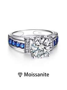 1pc High-Quality Women's Single Ring, Vintage Blue Rim Diamond Pearl Ring, 5.7g 925 Sterling Silver, 2 Carat Moissanite, Engagement Proposal Wedding Jewelry, Valentine's Day Anniversary Gift, Comes With Moissanite Certificate And Deluxe Gift Box - Silver - View 3