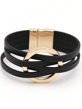 1 pieza Brazalete negro de estilo europeo para mujeres, de PU multicapa y metal, con cierre magnético de aro grande