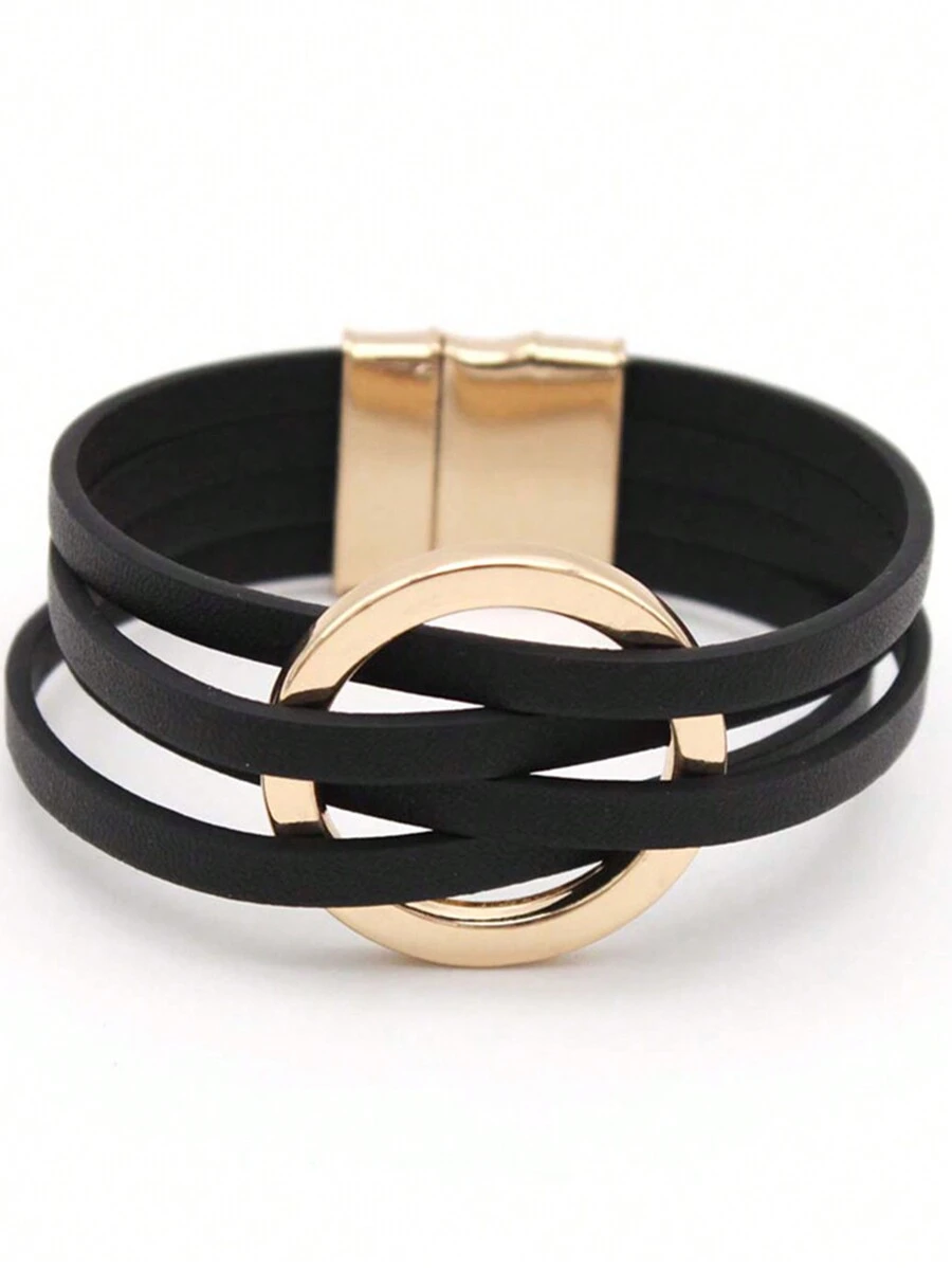 1pc European Style Multi-Layer PU Leather & Metal Large Hoop Magnetic Clasp Black Bracelet For Women - Black - View 1