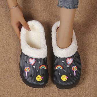 秋冬新款女式DIY鞋扣镂空鞋保暖内里女式拖鞋镂空鞋EVA防滑底居家宿舍保暖毛绒拖鞋编码女鞋黑白情侣鞋