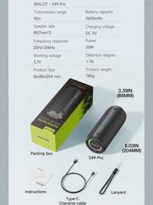 Zealot S49 Pro便攜式無線揚聲器,bt 5.2穩定傳輸2 * 57mm大揚聲器,搭載澎湃低音20w大音量揚聲器,搭載3600mah電池,支持無線立體聲雙連接,配備rgb燈光和tf插槽,ipx5防水 - 灰色 - 查看 12