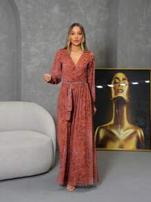 Elegant Women's Polyamide Tulle Long-Sleeve Jumpsuit With Loose Adjustment Band And Fashion - 摩卡棕 - 查看 1