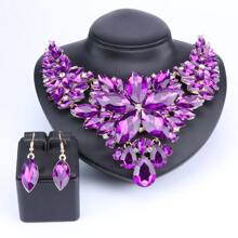 1set Fashionable Charming Gold-Plated Purple Crystal Rhinestone Water Drop Necklace & Earrings Jewelry Set, Suitable For Women Wedding, Ball, Party, Birthday, Holiday Gift