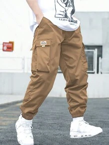 1pc Teen Boys Casual Avant-Garde Sports Outdoor Cargo Pants With Large Pockets & Webbing Decor, Spring/Autumn - Khaki - View 1