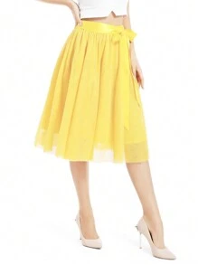 1pc Women Solid Color Long Midi-Length 65cm Knee-Length A-Line Layered Tulle Skirt, Versatile For Party, Dance, Everyday Fall Clothes For Women