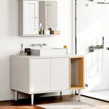 Bathroom Sink Cabinet With Cat Litter Box Enclosure, Hidden Litter Pet Washroom With Divider, Indoor Cat House For Large Cats, Wooden Cabinet Furniture, White - White - View 8