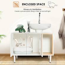 Bathroom Sink Cabinet With Cat Litter Box Enclosure, Hidden Litter Pet Washroom With Divider, Indoor Cat House For Large Cats, Wooden Cabinet Furniture, White - White - View 10