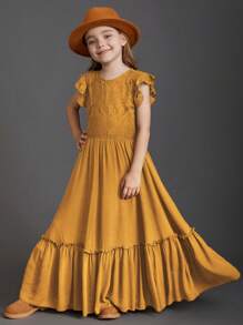 Tween Girl  Solid Color Lace Trim Ruffle Hem Dress - Coffee - View 9