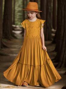 Tween Girl  Solid Color Lace Trim Ruffle Hem Dress - Coffee - View 7