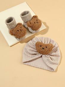 2 件套婴儿熊印花头带帽子和袜子套装，婴儿春秋季针织可爱卡通帽子爱情人节 - 彩色 - 查看 7