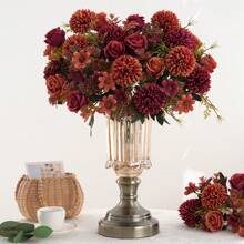 1 pieza Flores artificiales, ramo de flores de seda de rosa crisantemo falso para decoración, centros de mesa de flores de rosa de otoño para decoración de fiesta, boda y hogar en Acción de Gracias - granate - Ver 2