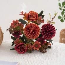 1 pieza Flores artificiales, ramo de flores de seda de rosa crisantemo falso para decoración, centros de mesa de flores de rosa de otoño para decoración de fiesta, boda y hogar en Acción de Gracias - granate - Ver 5