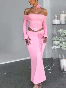 Long Sleeve Ruched Off Shoulder Crop Top Long Skirt Matching Set Mesh Contrast 2 Pieces Set In Pink - Pink - View 7