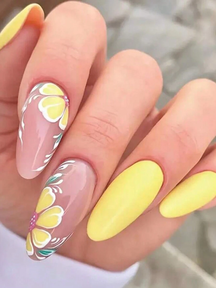24pcs/Set Almond-Shaped Nail Tips, Colorful Floral Design; With 1pc Jelly Gel Nail Polish And 1pc Nail File - Yellow - View 1
