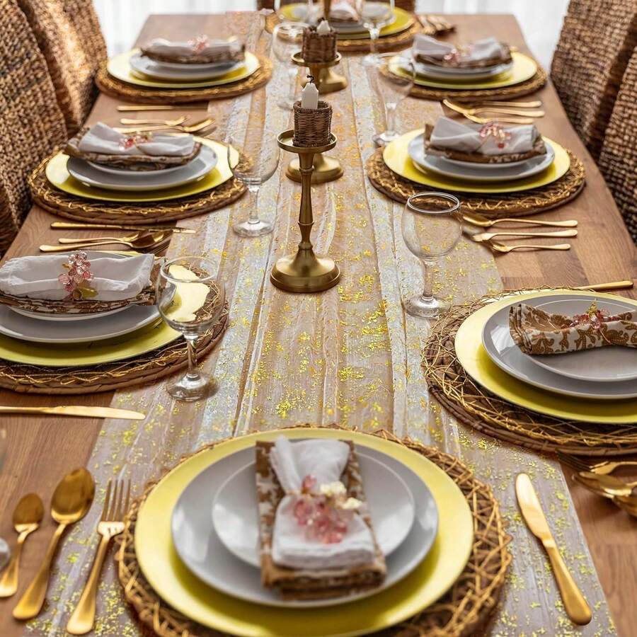 Taplak Meja Berkilau Emas untuk Dekorasi Pernikahan, Taplak Meja Transparan Berlapis Emas, Taplak Meja Bohemian Romantis, Cocok untuk Dekorasi Meja Ulang Tahun, Baby Shower, dan Pernikahan. - Emas - View 1